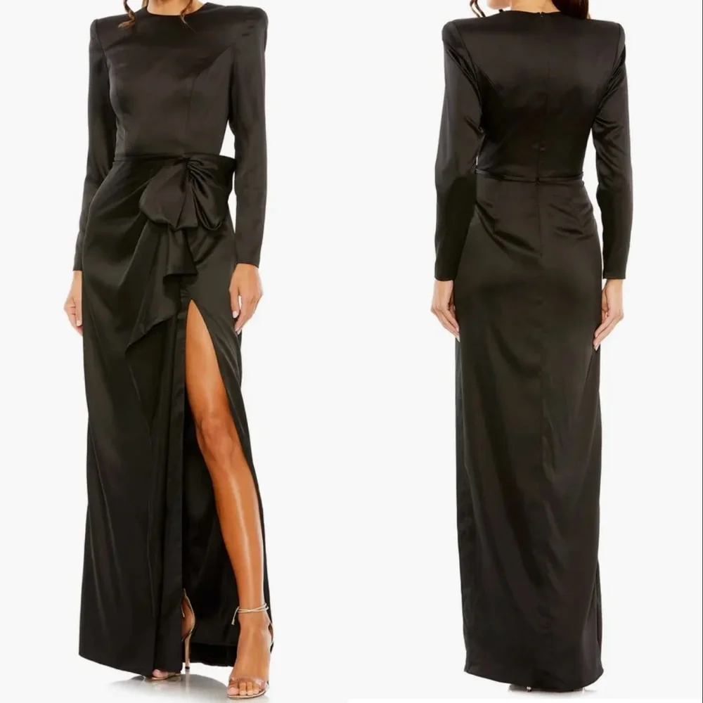 NWOT Mac Duggal Black Satin Bow Long Sleeve padded shoulder Column Gown sz 6